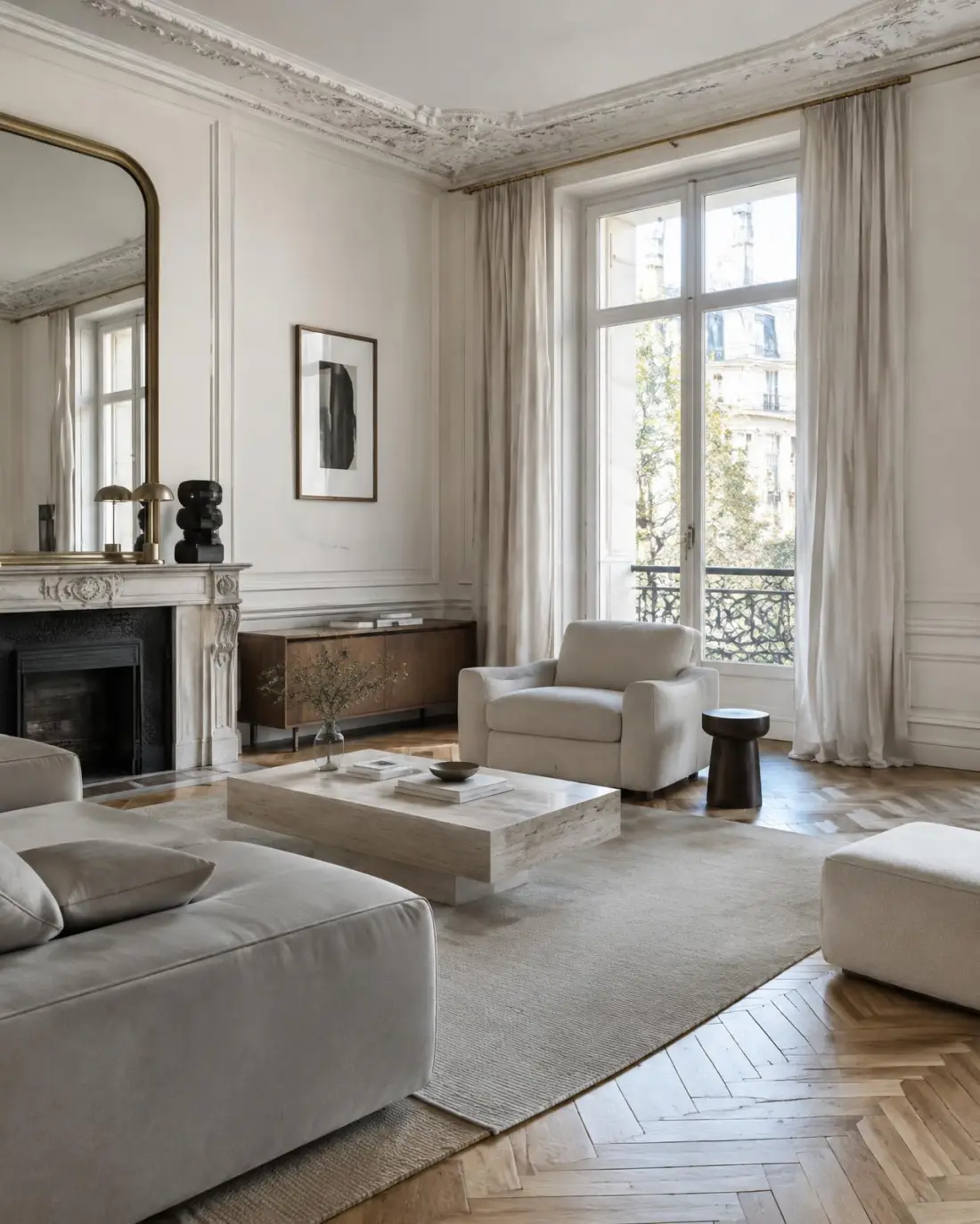 Bright living room in a period apartment with herringbone parquet and tall windows